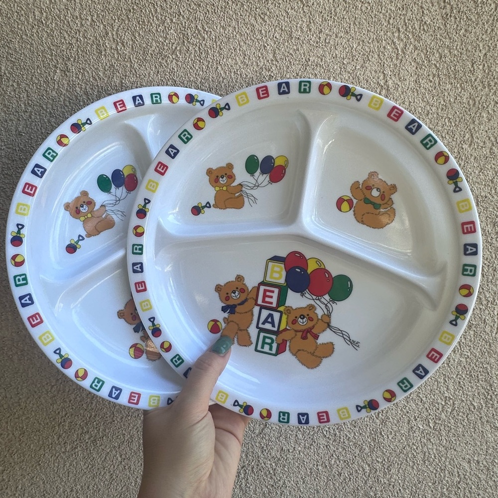 Vintage Children's Teddy Bear Melamine Ware, Set of Two